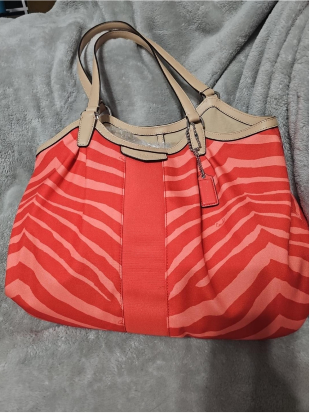Coach Devin F24022 Coral Zebra Print Large Shoulder Tote